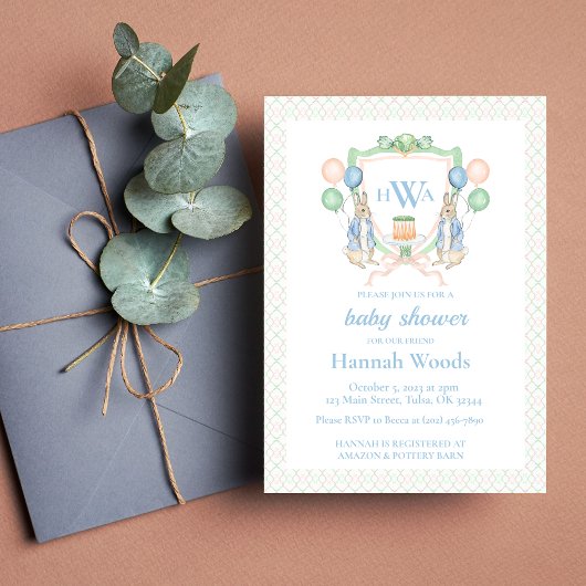 Invitation Baby shower Monogramme de printemps Bunny