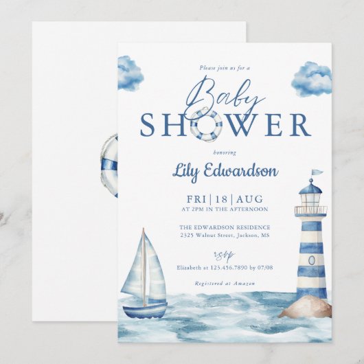 Invitation Baby shower Monogramme marin mignon (Devant / Derrière)