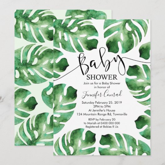 Invitation Baby shower Monstera Invitation, Feuilles tropicau (Devant / Derrière)