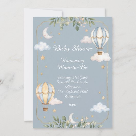 Invitation Baby Shower Montgolfière Bleue (Devant)