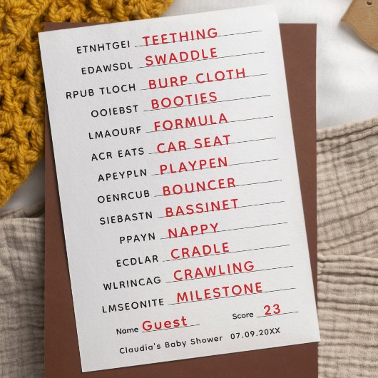 Invitation Baby shower Mot de jeu Scrambule avec clé de répon