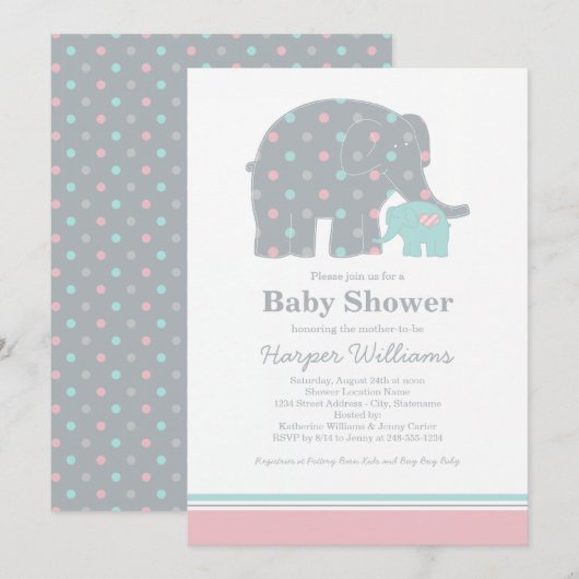 Invitation Baby shower Mother Elephant rose et points Aqua (Devant / Derrière)