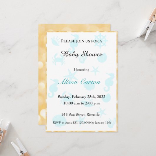 Invitation Baby shower motif bleu mer (Devant/Arrière en situation)