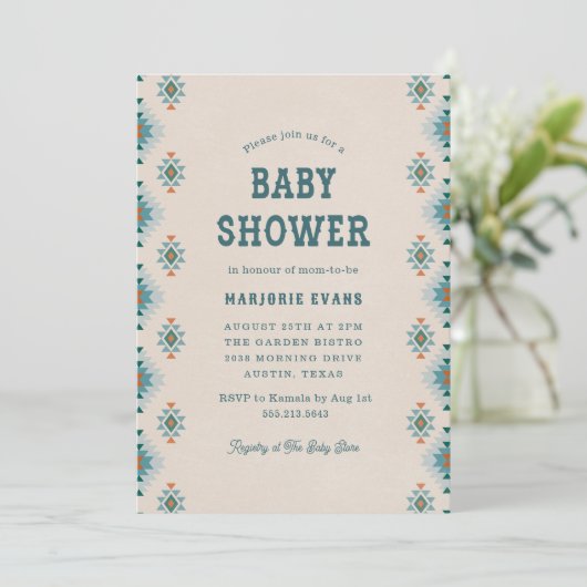 Invitation Baby shower Motif Blue Southwestern Aztec (Debout devant)