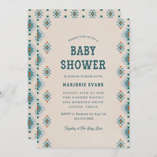 Invitation Baby shower Motif Blue Southwestern Aztec (Devant / Derrière)