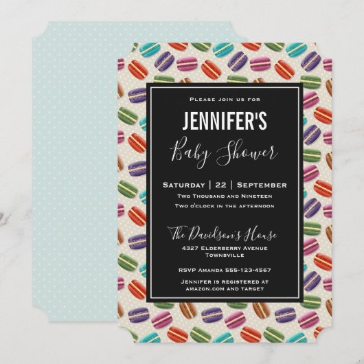 Invitation Baby shower Motif de Macarons de couleur mignonne (Devant / Derrière)