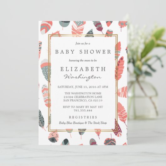 Invitation Baby shower Motif de Plumes de Bohême (Debout devant)