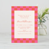 Invitation Baby shower Motif en damier orange gras (Debout devant)