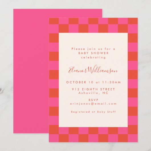 Invitation Baby shower Motif en damier orange gras (Devant / Derrière)