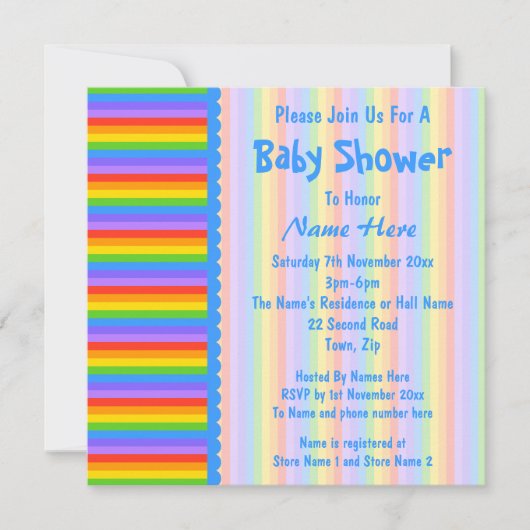 Invitation Baby shower, Motif Rainbow Stripes. (Devant)