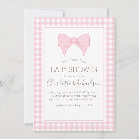 Invitation Baby shower Motif rose et blanc En vichy (Devant)
