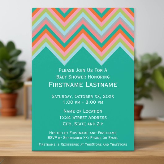Invitation Baby shower Motif turquoise et Orange Chevron