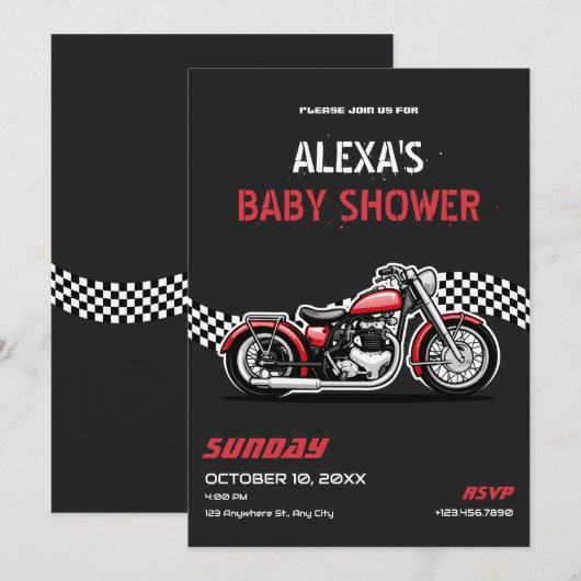 Invitation Baby shower moto classique (Devant / Derrière)