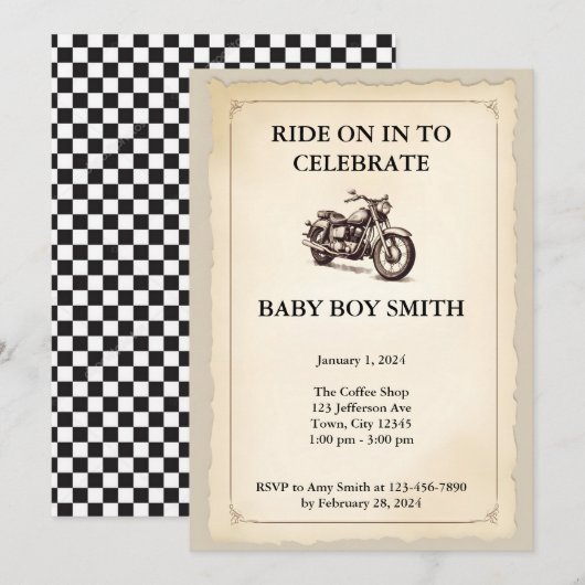 Invitation Baby shower moto vintage (Devant / Derrière)
