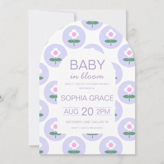 Invitation Baby shower mou violet rose pâle Fleur marguerite (Devant)