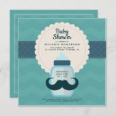 Invitation Baby Shower Moustache Pointillé Sarcelle (Devant / Derrière)