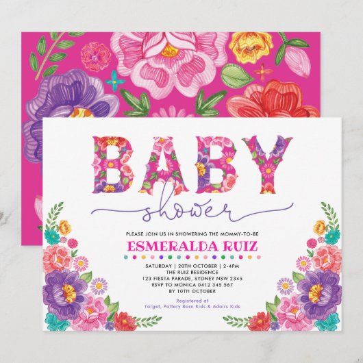 Invitation Baby shower moyen Nacho des fleurs de fiesta vibra (Devant / Derrière)