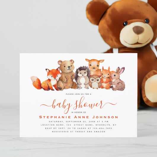 Invitation Baby shower mûr Bois Animaux Aquarelle Rouge