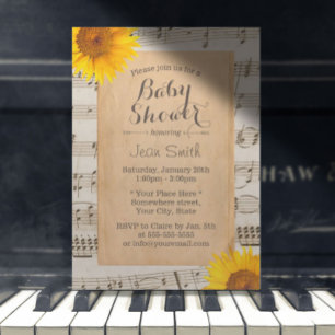 Invitation Baby shower musical Vintage de tournesol rustique
