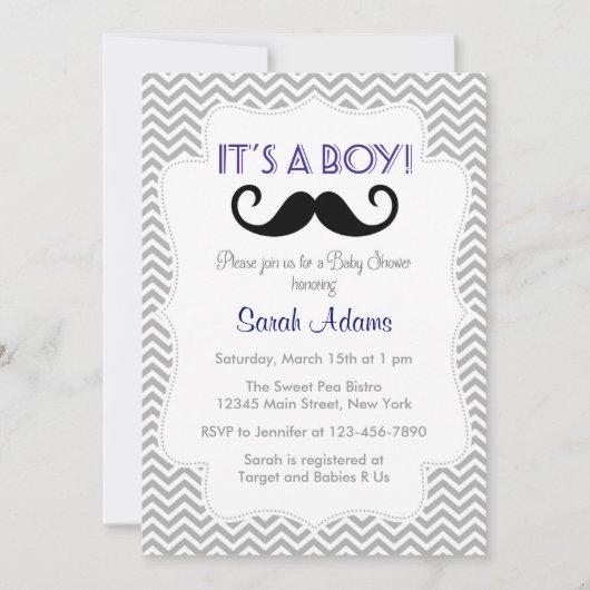 Invitation Baby shower Mustache Gray Chevron (Devant)