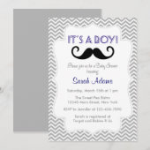 Invitation Baby shower Mustache Gray Chevron (Devant / Derrière)