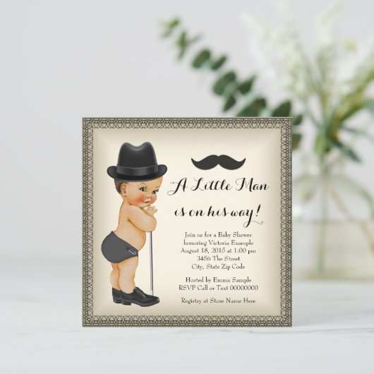 Invitation Baby shower Mustache Little Man (Debout devant)