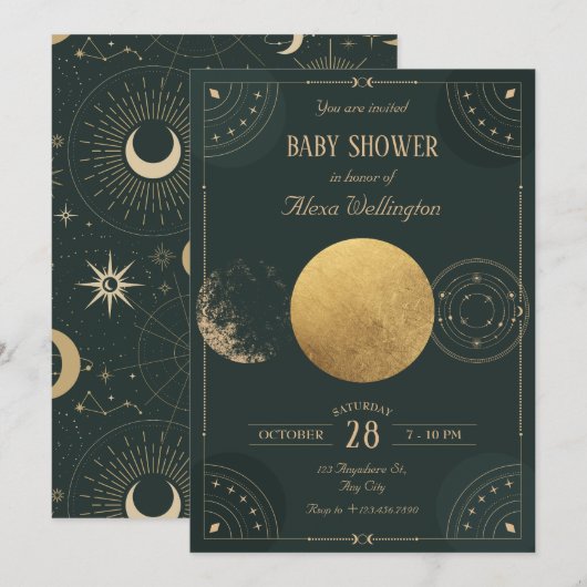 Invitation Baby shower mystique de la Lune céleste verte (Devant / Derrière)
