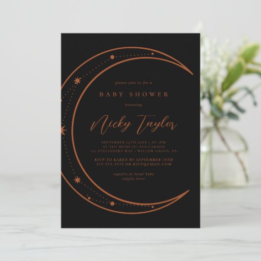 Invitation Baby shower mystique noir et lune céleste (Debout devant)