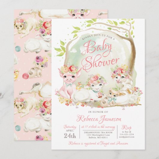 Invitation Baby shower national des animaux de ferme (Devant / Derrière)