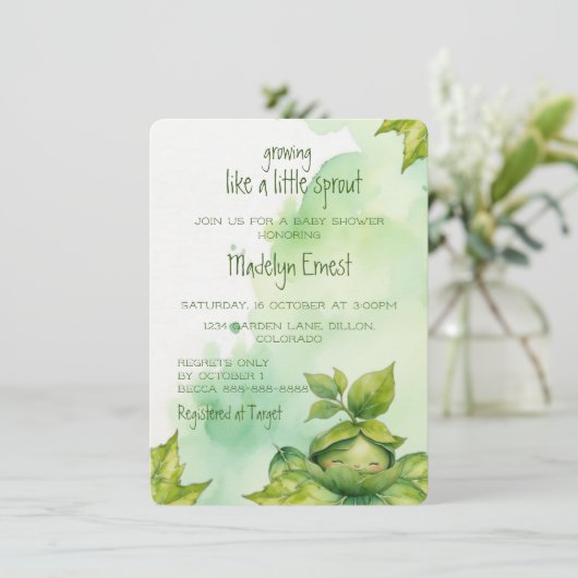 Invitation Baby Shower Nature Illustré Personnalisé Vert (Debout devant)