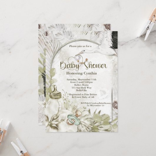 Invitation Baby shower naturel botanique (Devant/Arrière en situation)