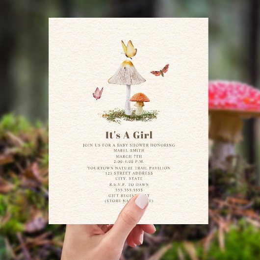 Invitation Baby shower naturel des champignons papillons