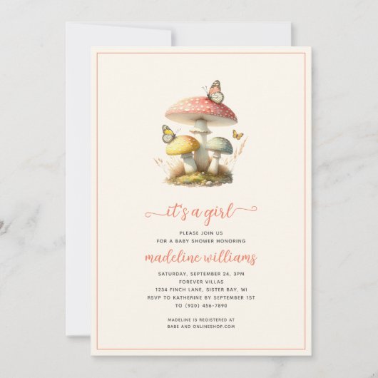 Invitation Baby shower naturel des champignons papillons (Devant)