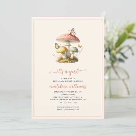 Invitation Baby shower naturel des champignons papillons (Debout devant)