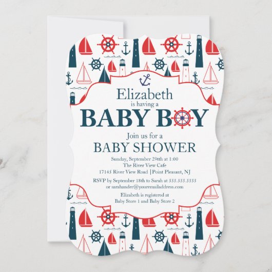 Invitation Baby shower Nautical Lighthouse Sailboat Boys (Devant)