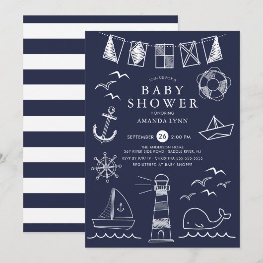 Invitation Baby shower Nautical Sailboat Boy (Devant / Derrière)