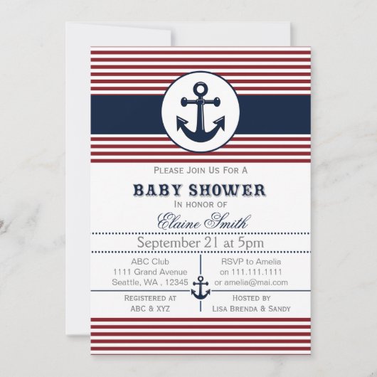 Invitation baby shower nautique à ancre bleue (Devant)
