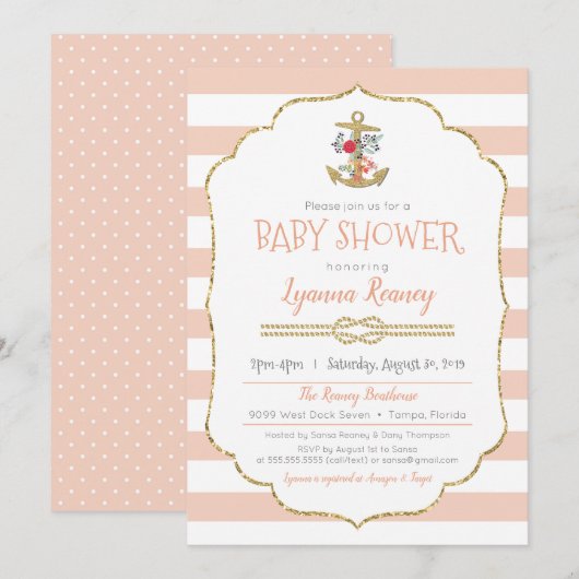 Invitation Baby shower nautique avec Ancre florale (Devant / Derrière)