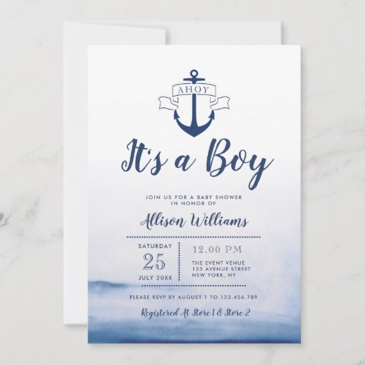 Invitation baby shower nautique bleu aquarelle (Devant)