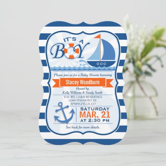 Invitation Baby shower nautique bleu et orange (Debout devant)