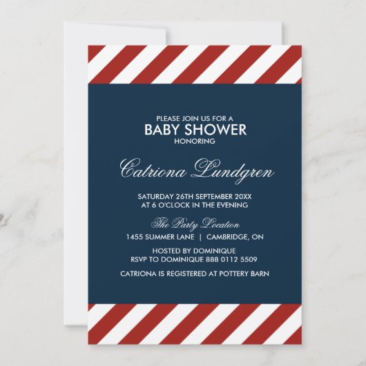 Invitation Baby shower nautique bleu et rouge (Devant)