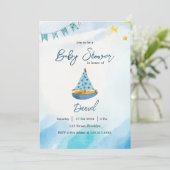 Invitation Baby shower nautique bleu jaune (Debout devant)