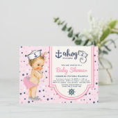 Invitation Baby shower nautique bleu marine rose (Debout devant)
