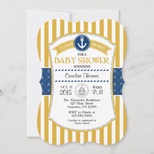 Invitation Baby shower Nautique Bleu Or (Devant)