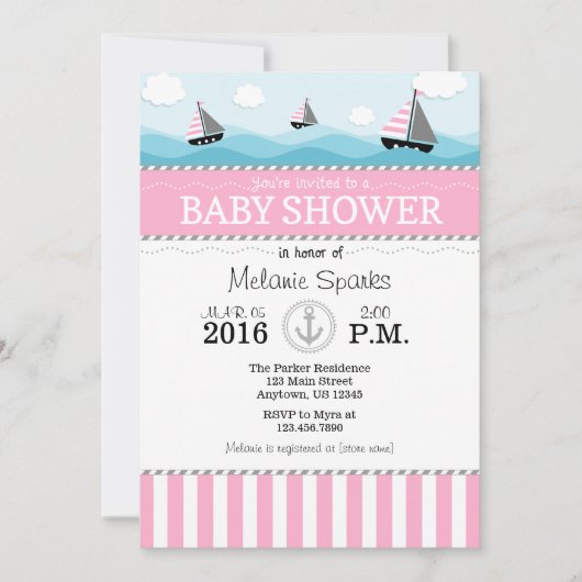 Invitation Baby shower Nautique Bleu Rose (Devant)