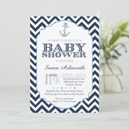 Invitation Baby shower nautique, Chevron bleu garç (Debout devant)