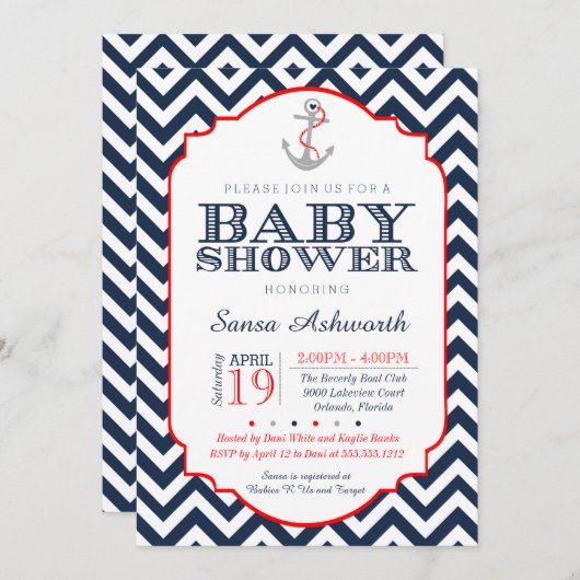 Invitation Baby shower nautique, Chevron marine ro (Devant / Derrière)