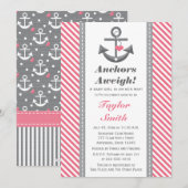 Invitation Baby shower nautique d'Ancre de gris et de rose (Devant / Derrière)