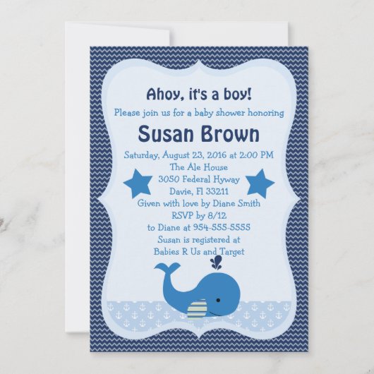 Invitation Baby shower nautique de la baleine mign (Devant)