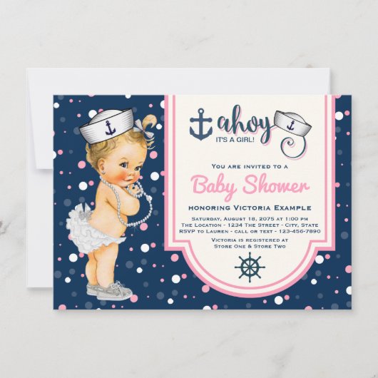 Invitation Baby shower nautique de la fille bleue de la Marin (Devant)